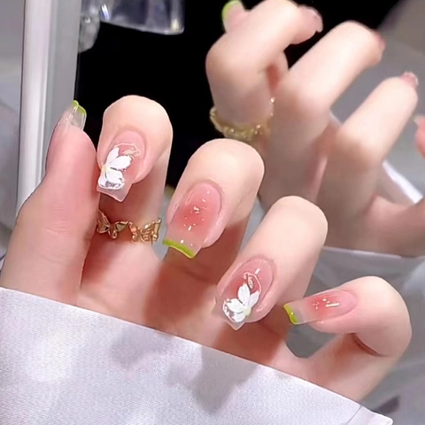 Pink Verlauf Blush Press On Nägel Ballerina Künstliche Nägel Französische Grüne Spitze 3D Blume Schmetterling Dekor