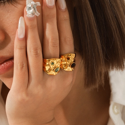 Vintage Stainless Steel Open Ring Gold Plated Hammered Texture Irregular Molten Design Natural Tiger Eye Stone Jewelry