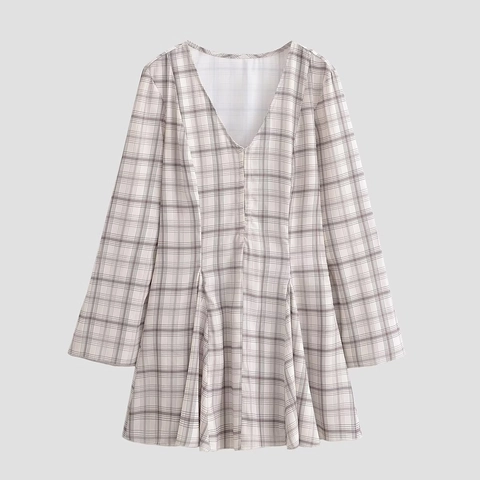 Kariertes Langarm Mini Kleid V Ausschnitt Hohe Taille A Linie Gingham Muster Mode Lässig Für Frauen