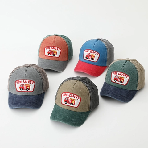Cappello Da Baseball In Cotone Lavato Per Bambini Ricamo Camion Dei Pompieri Colori A Contrasto Patchwork Cappello Sole Ragazzi