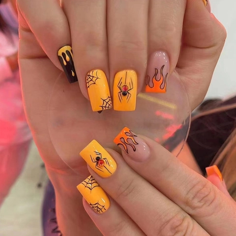 Halloween Press On Nails Long Coffin Shape Plastic Spider Web Flame Pattern Glue On False Nails For Women Party