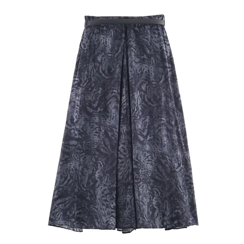 Women Animal Print Midi Skirt With Belt Dark Grey Black Polyester Lightweight High Waist Casual Elegant Straight Style
