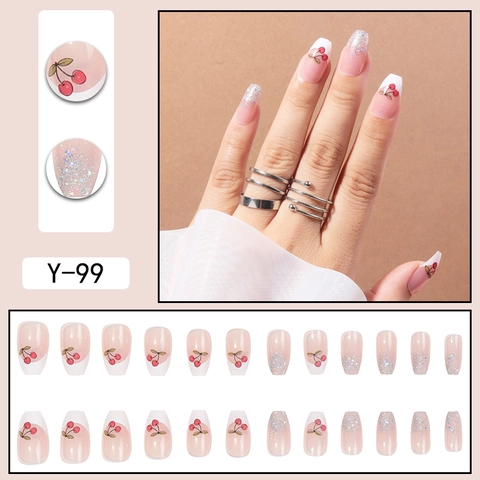 Press On Nails Coffin French Tip Kirschmuster Silber Glitzer Pink Transparent Ballett Künstliche Fingernägel