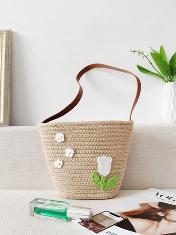Handmade Cotton Rope Woven Shoulder Bag Sweet Crochet Flower Pastoral Style Small Summer Beach Bucket Bag For Women