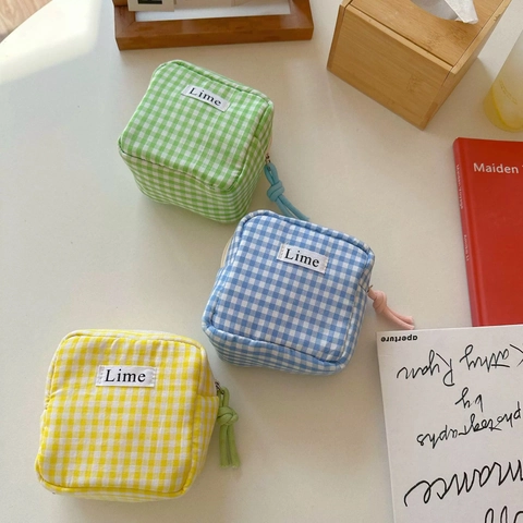 Mini Sac De Rangement En Toile À Carreaux Pochette Cosmétique Portable À Fermeture Éclair Pour Serviettes Hygiéniques