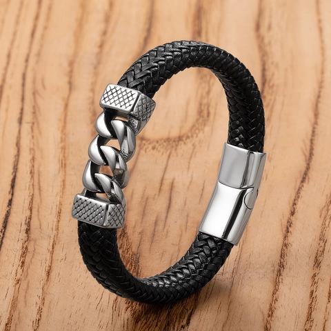 Braided Leather Bracelet Stainless Steel Anchor Infinity Symbol Punk Fashion Magnetic Clasp Bangle For Men Unisex