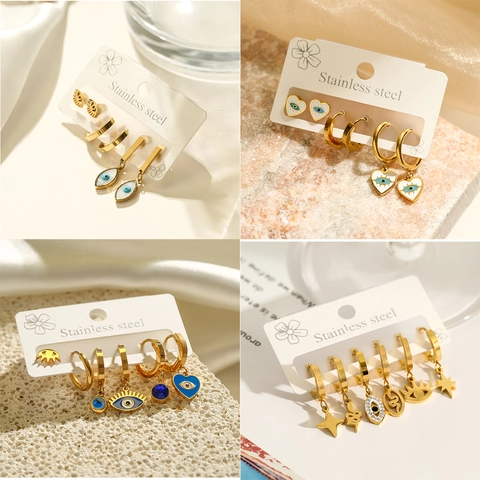 Titanium Steel Evil Eye Earrings Set For Women 18K Gold Plated Zirconia Enamel Heart Snake Star Dangle Hoop Earrings Fashion Jewelry