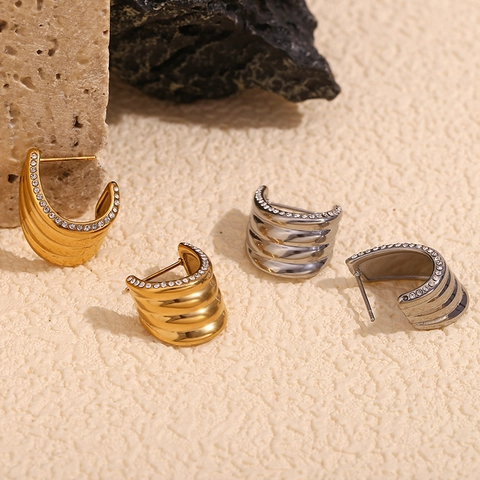 Pendientes De Botón De Acero Inoxidable Para Mujer Chapado En Oro 18K Forma C Multicapa Borde Ola Circón Moda