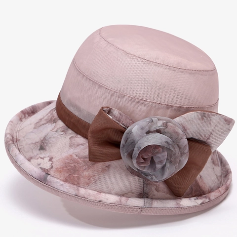 Women's Sun Bucket Hat Breathable Cotton Polyester Floral Print Bow 3D Flower Decoration Sunshade Hat For Elderly Mom Travel
