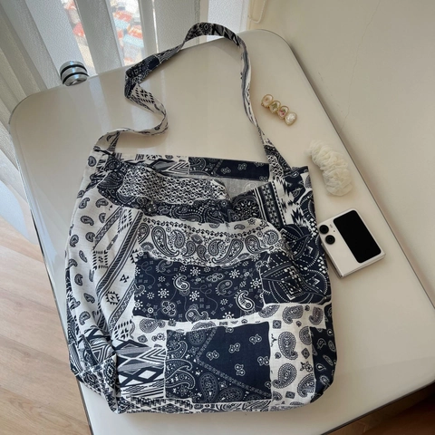 Sac Bandoulière Bohème En Coton Et Lin Grande Capacité Imprimé Ethnique Paisley Géométrique Vintage Décontracté