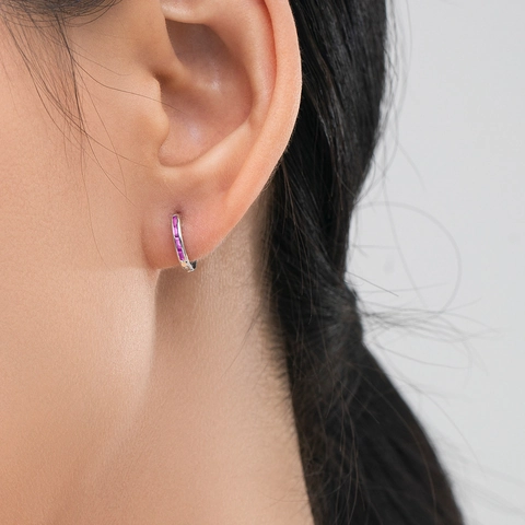 925 Sterling Silver Hoop Earrings Pink Baguette Zircon Inlaid Minimalist Jewelry For Women