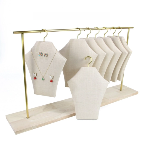 Jewelry Display Stand Metal Hanger With Wooden Base Linen Fabric Necklace Earring Organizer Desktop Rack