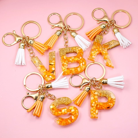 Llavero de Letras de Resina Con Papel de Oro Piedra Amarilla Borlas Naranja Blanco Para Bolso Mujer Gancho de Metal
