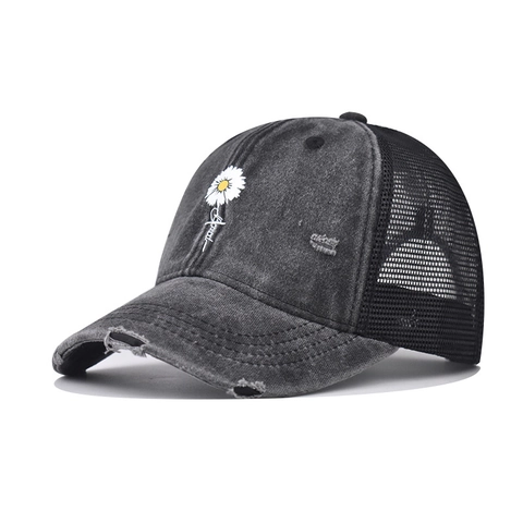 Daisy Embroidery Washed Cotton Trucker Hat Distressed Hole Baseball Cap Blessed Text Adjustable Mesh Peaked Cap Unisex