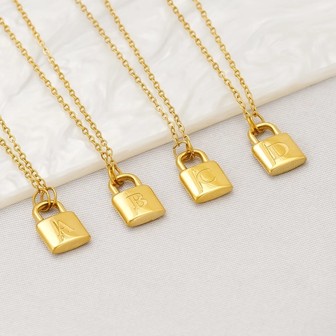 Minimalist Stainless Steel Initial Lock Pendant Necklace 18K Gold Plated Simple Capital Letter Fashion Jewelry For Women