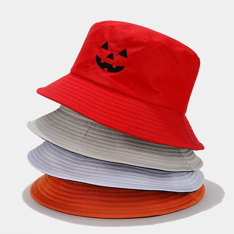 Halloween Jack-O-Lantern Pumpkin Reversible Bucket Hat Polyester Double Sided Embroidery Fisherman Hat For Men Women