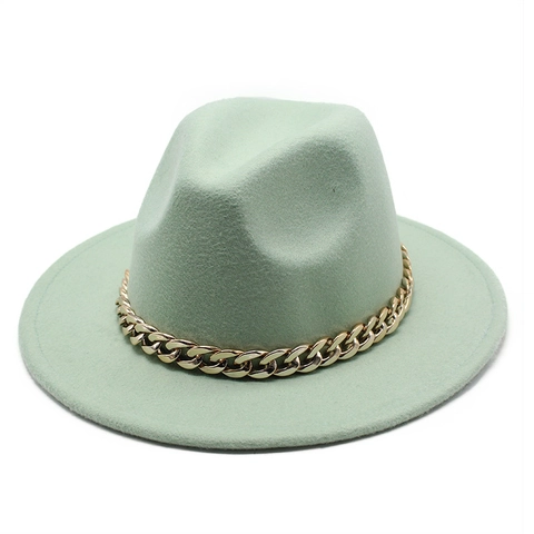 Fedora Hat Wide Brim Wool Felt With Gold Metal Chain Vintage British Style Jazz Cap For Men Women Solid Color Elegant