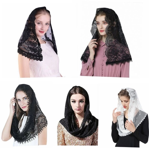 Vintage Lace Veil Mantilla Floral Embroidery Wedding Church Chapel Head Covering Bridal Scalloped Mesh Shawl Accessory Women