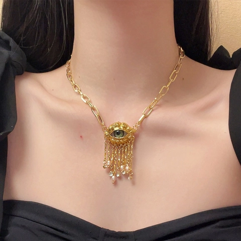 Vintage Evil Eye Anhänger Halskette Legierung Rhinestone Mit Kunstperlen Quasten Büroklammerkette Retro Schmuck