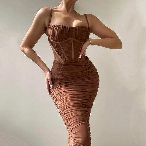 Sexy Maxi-jurk Dames Polyester Geplooid Spaghettibandjes Rugloos Nauwsluitende Pasvorm Corsetstijl Effen Kleur Lange Jurk