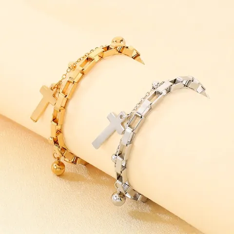 Bracciale A Croce A Doppio Strato In Acciaio Inossidabile Placcato Oro 18K Ciondoli Con Perline Gioielli Minimalisti