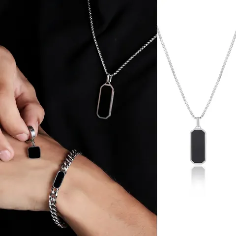 Men Stainless Steel Necklace And Bracelet Black Rectangular Pendant Minimalist Geometric Fashion Jewelry