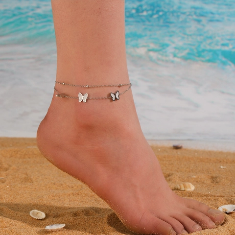 Pulsera De Tobillo De Mariposa De Doble Capa Acero Inoxidable Colgante Concha Cuentas Doradas Joyería De Pies Verano Para Mujeres