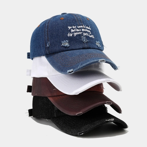 Cappello Da Baseball Vintage Distressed Strappato Denim Cotone Lavato Ricamo Lettere Protezione Solare Regolabile Unisex