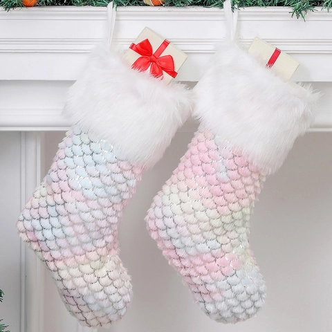 Mermaid Scale Christmas Stocking Faux Fur Cuff Macaron Gradient Color Holiday Hanging Decoration Gift Bag Ornament