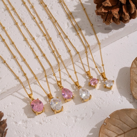Zircon Pendant Necklace 304 Stainless Steel Waterproof Hypoallergenic Gold Plated Beaded Chain Oval Pear Round Elegant Women Jewelry