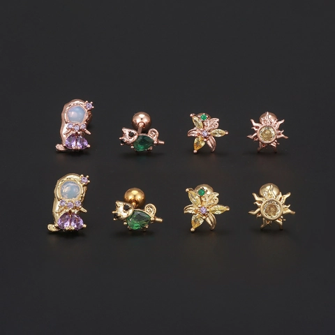Tiny Cartilage Stud Earrings Copper Cubic Zirconia Flower Sun Animal Piercing Jewelry With Stainless Steel Earring Post