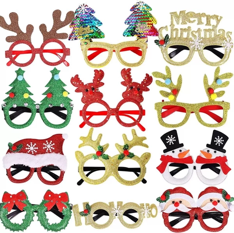 Christmas Party Decorative Eyeglass Frames Glitter Plastic Festive Photo Props Reindeer Antler Santa Claus Holiday Favors