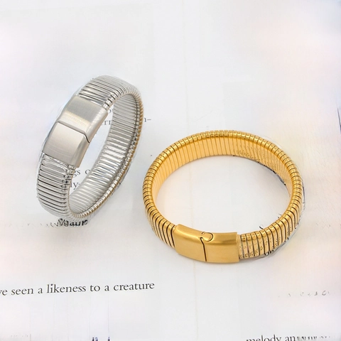 Minimalista Brazalete Elástico Tubogas de Acero Inoxidable de Cara Ancha Con Cierre de Presión Para Mujer Hombre Joyería Regalo