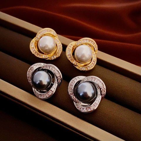 Orecchini A Lobo Fiore Vortice Con Perla Artificial Imitazione Zircone Rame Perno In Argento Stile Vintage Per Donne