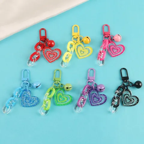 Creative Heart Bell Keychain Pendant Acrylic Chain Bag Charm For Couples Women Girls Colorful Glitter Heart Keychain Decoration
