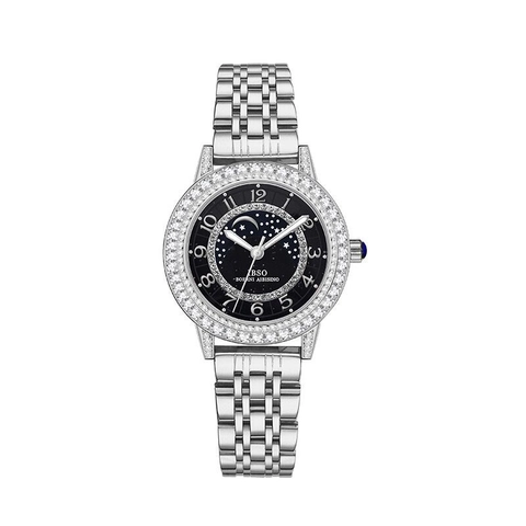 Womens Quartz Watch Starry Sky Moon Phase Dial Rhinestone Bezel Stainless Steel Leather Strap Elegant Casual Water Resistant