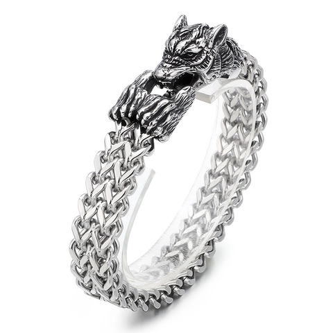 Wolf Head Bracelet Men Vintage Stainless Steel Double Layer Braided Chain Viking Punk Jewelry Antique Silver
