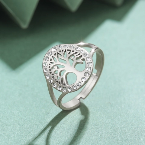 Levensboom Open Ring Roestvrij Staal Rhinestone Verstelbaar Hol Licht Luxe Minimalistische Sieraden Voor Dames