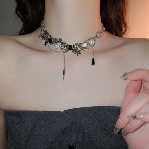 Collana In Lega Farfalla Cuore Fiore Stella Perla Artificial Sintetica Rhinestone Ciondolo Spike Stile Y2K Punk Gotico Gioielli Donne
