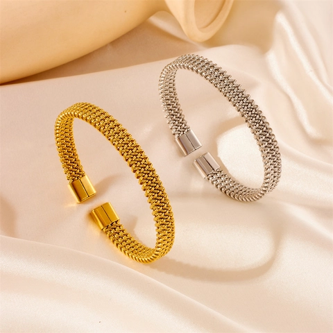 Woven Mesh Bangle Stainless Steel Open Cuff C-Shaped Adjustable Minimalist Geometric Jewelry For Women Men Simple