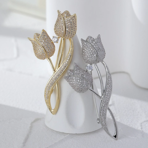 Elegante Broche De Flor De Tulipán Para Mujer Aleación Pavé Rhinestone Brillante Pin De Solapa De Traje Joyería
