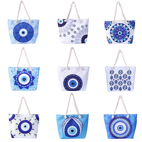 Evil Eye Bedruckte Segeltuch Tragetasche Große Kapazität Strandhandtasche Mit Baumwollseilgriffen Damen Urlaub Am Meer Böhmisch
