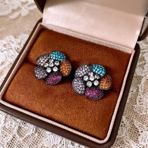 Vintage Flower Stud Earrings Multi Color Zirconia Copper Jewelry With 925 Sterling Silver Earring Post For Women Retro