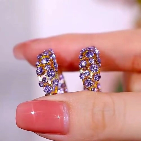 Exquisite Copper Zirconia Hoop Earrings For Women Fashion Gold Plated Purple Green Full Rhinestone Circle Earrings Jewelry