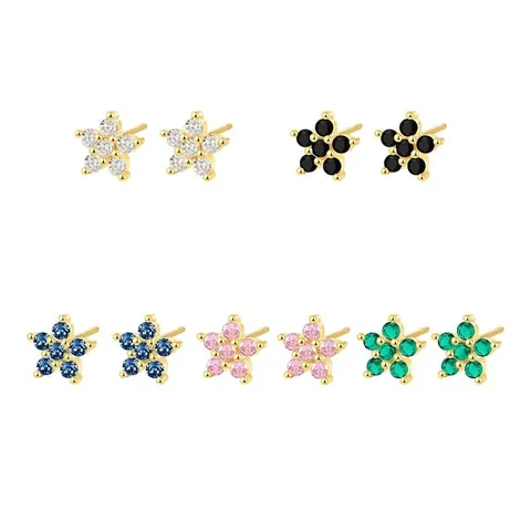 Boucles d'Oreilles Clous en Argent Sterling S925 Pétale de Fleur pour Femme Zirconia Coloré Simple Forme d'Étoile Bijoux de Mode Petits Clous d'Oreille Minimalistes