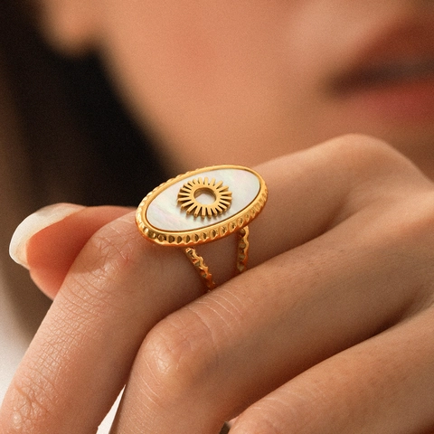 Edelstahl Vergoldet Sonnenmuster Weiß Perlmutt Offener Ring Vintage Geometrischer Verstellbarer Schmuck Für Damen