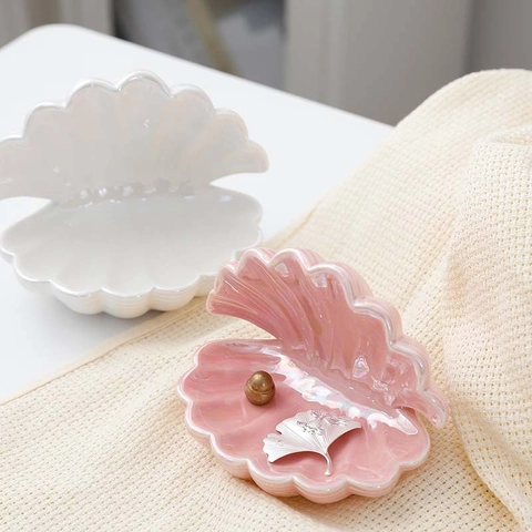 Bandeja De Joyería De Cerámica Con Forma De Concha Acabado Perla Artificialdo Plato De Almacenamiento Para Pendientes Collar Decorativo De Mesa
