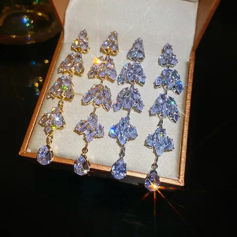 Lange Quasten-Ohrhänger Blatt Kupfer Zirkon Wassertropfen-Anhänger Mit 925 Sterling Silber Ohrstecker Für Damen