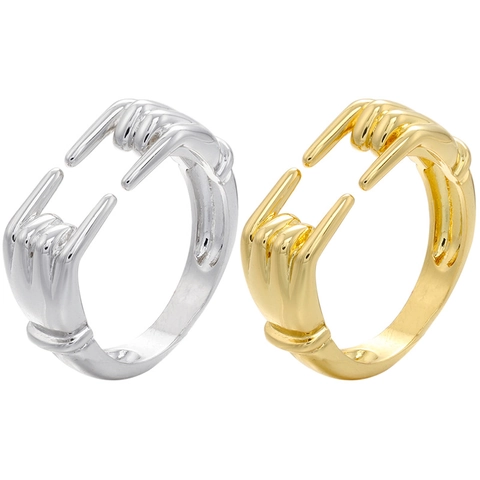 Rock Gesture Hand Shape Open Adjustable Ring Copper Brass Smooth Polished Punk Hip Hop Style Jewelry For Men Women