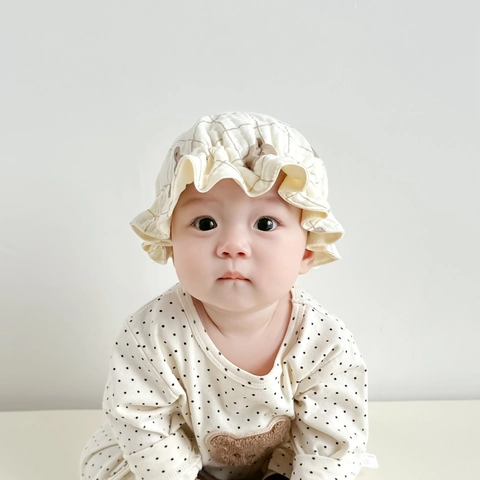 Newborn Baby Bonnet Hat Double Layer Muslin Cotton Ruffle Edge Tie Strap Cartoon Print Breathable Korean Infant Cap